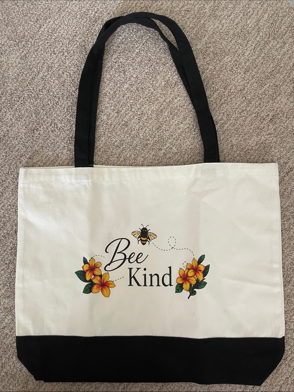 Bee Kind White Canvas Tote Bag with Black Handles